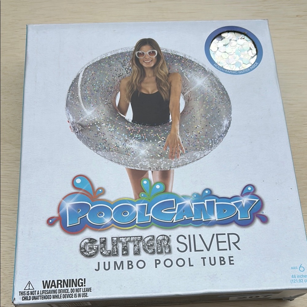 PoolCandy Glitter Silver Jumbo Pool Tube 48 Inch Holographic Inflatable Float